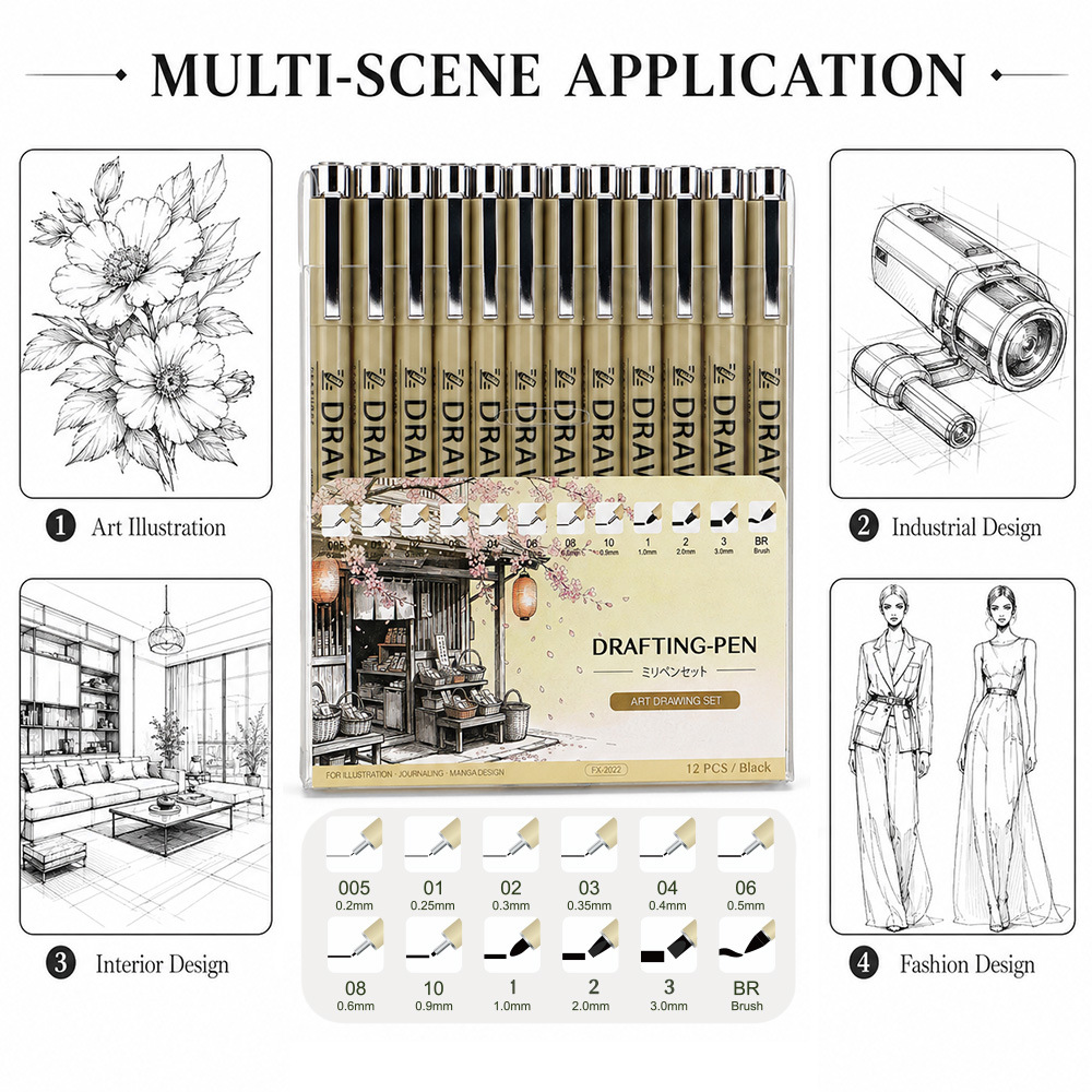 Art sketching pen, 12 specifications, drawing marker pen, sketch pen, waterproof quick-dry pen, in stock