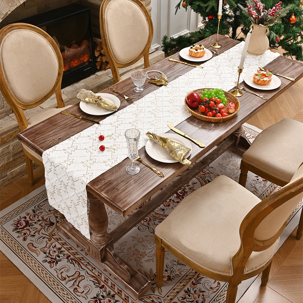 Transfronterizos nueva bandera de mesa de Navidad de pino dorado común Europa y América bandera de mesa de Navidad tela de mesa decoración TEMU