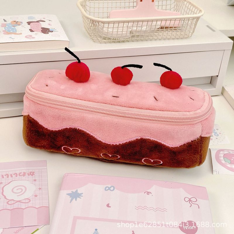 かわいいチェリーケーキぬいぐるみ鉛筆バッグインガールハート大容量化粧品バッグ学生文具鉛筆収納袋|undefined