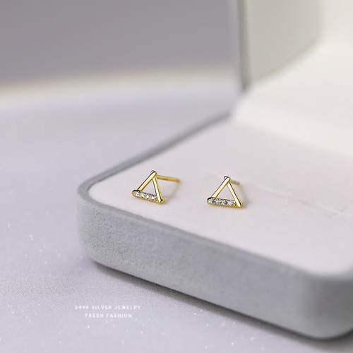 S999 Solid Silver Geometric Triangle Diamond Stud Earrings for Women - Simple, Unique Style, Minority Design Ear Rings, Drop Ship