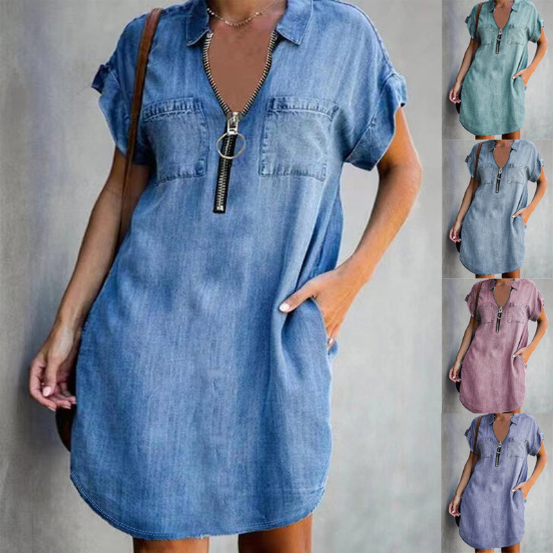 Women's Denim Dress Casual Turndown Zipper Short Sleeve Solid Color Knee-length Street display picture 1