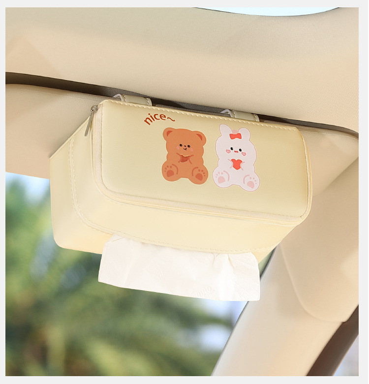 Car Tissue Box Hanging Sun Visor Sunroof Top Tissue Box Rear Paper Tissue Box Cute Cartoon Leather Tissue Bag