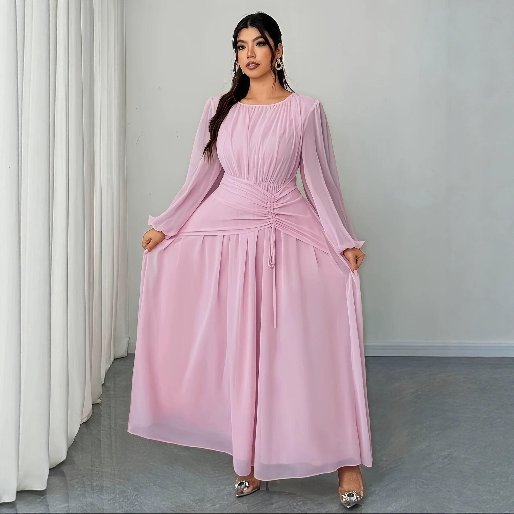 Plus Size Women's Round Neck Long Sleeve Dress, Solid Color Long Skirt with Large Hem S8219