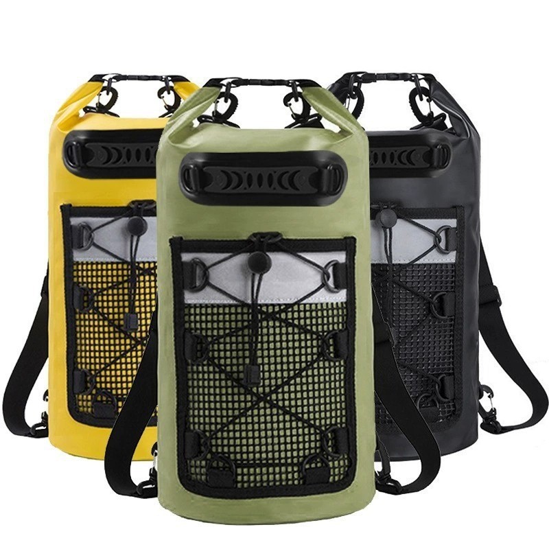 Outdoor waterproof backpack, PVC material, suitable for rafting, stream trekking, cycling, and hiking; features a separate compartment for wet and dry items, and a mesh pocket; also suitable as a beach or swimming bag