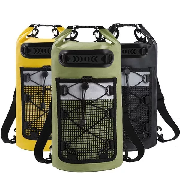 Outdoor waterproof backpack, PVC material, suitable for rafting, stream trekking, cycling, and hiking; features a separate compartment for wet and dry items, and a mesh pocket; also suitable as a beach or swimming bag