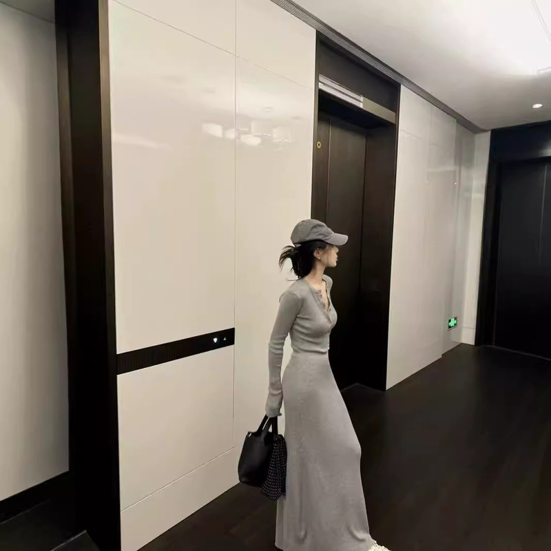 韓国版黄色の修身長袖ニットワンピース女性秋のタイトな雰囲気のロングスカート|undefined