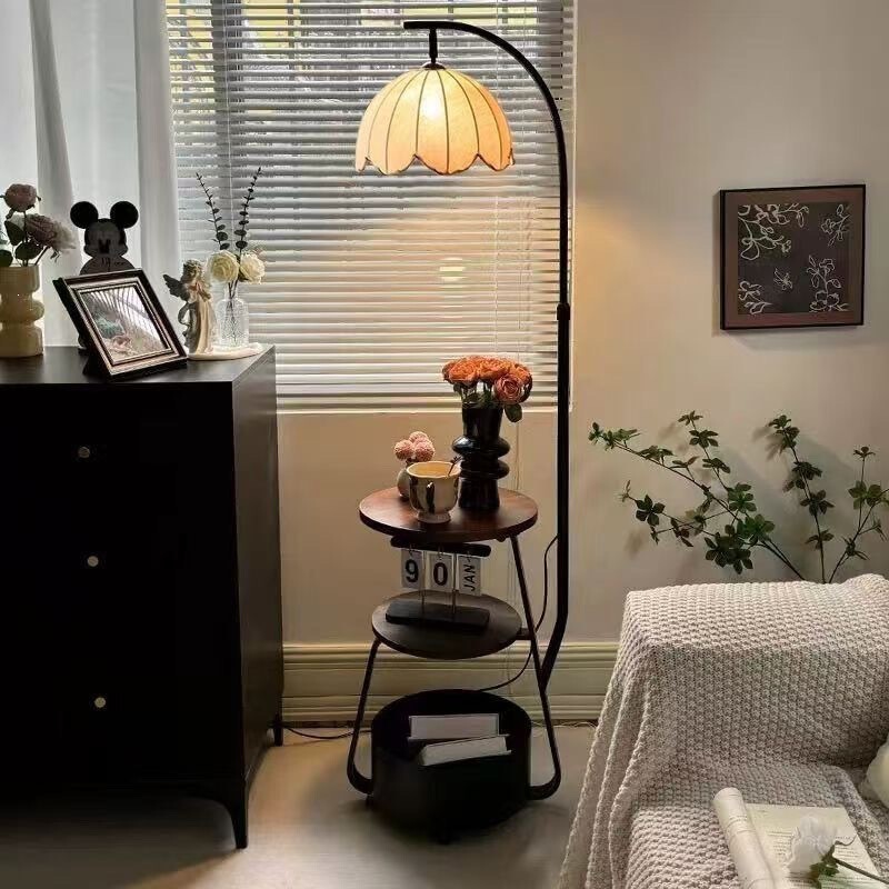 Song Dynasty aesthetic floor lamp, living room sofa corner, creating a vintage atmosphere, bedside storage shelf, integrated bedroom table lamp