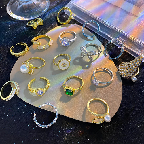 Korean-inspired Instagram-style minimalist exquisite zirconia ring for women, unique design, openable and adjustable finger ring, pearl jewelry.