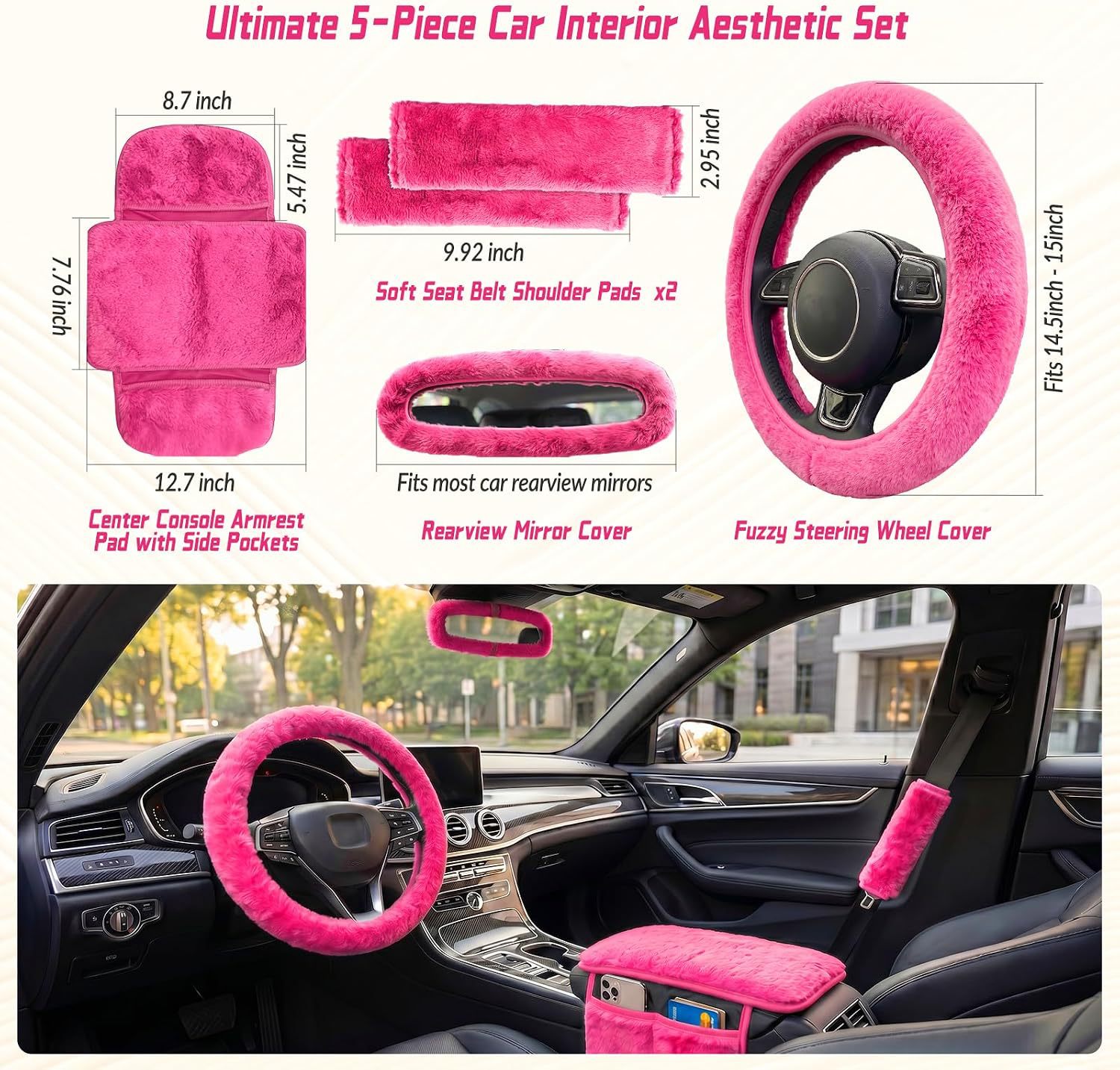 Cross-border plush steering wheel cover, seat belt cover, armrest box pad, car interior accessory set, winter warm and cute
