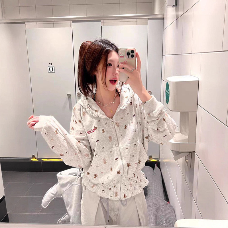 New Style Spicy Girl Ruffled Hooded Sweatshirt for Women, Thin Cartoon Cat Print Loose Short Jacket