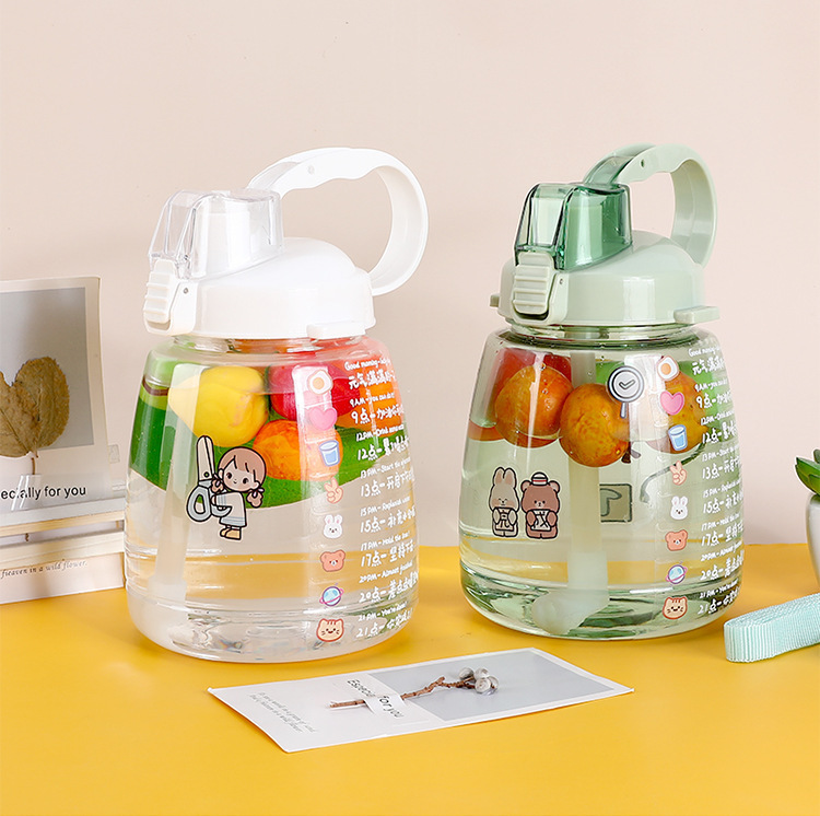 Gran capacidad de plástico de calidad alimentaria taza de agua portátil paja dibujos animados gran vientre taza con mango tapa elástica hervidor de agua para niños