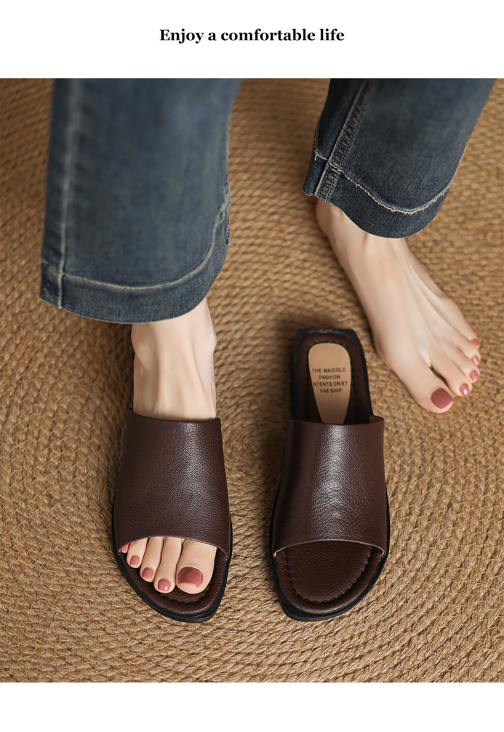 Sandal hở mũi nữ gót thấp da dê mũi vuông quai ngang — màu nâu chi tiết 2