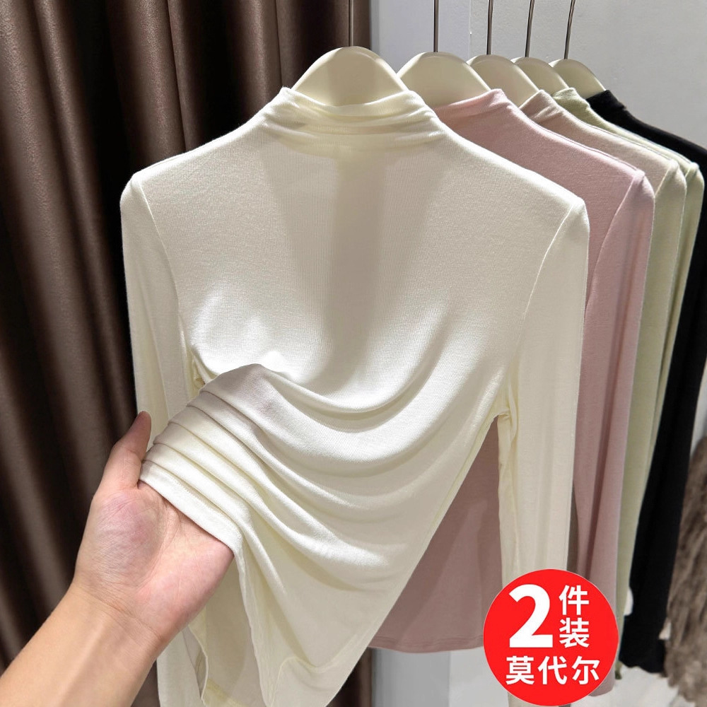 Modal Half Turtleneck Bottoming Shirt for Women in Autumn and Winter New Style with Super Elastic Soft Waxy Long-Sleeved T-Shirt Thin Top