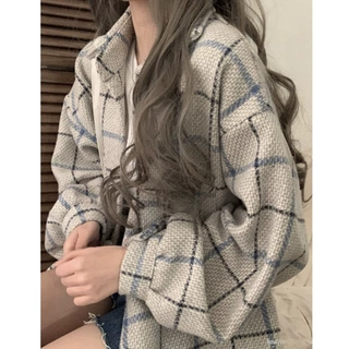 毛呢格子衬衫女设计感小众上衣春装2024新款韩版宽松长袖衬衣外套