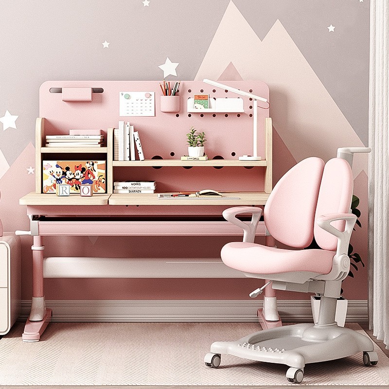 Children's Study Table, Primary School Student Desk, Liftable Solid Wood Children's Desk, Home Girl's Writing Desk and Chair Set