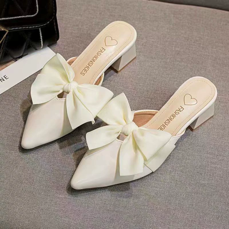 Оптовые женские мюли с острым носком и толстым каблуком, новые сандалии с открытой пяткой для женщин, дропшиппинг