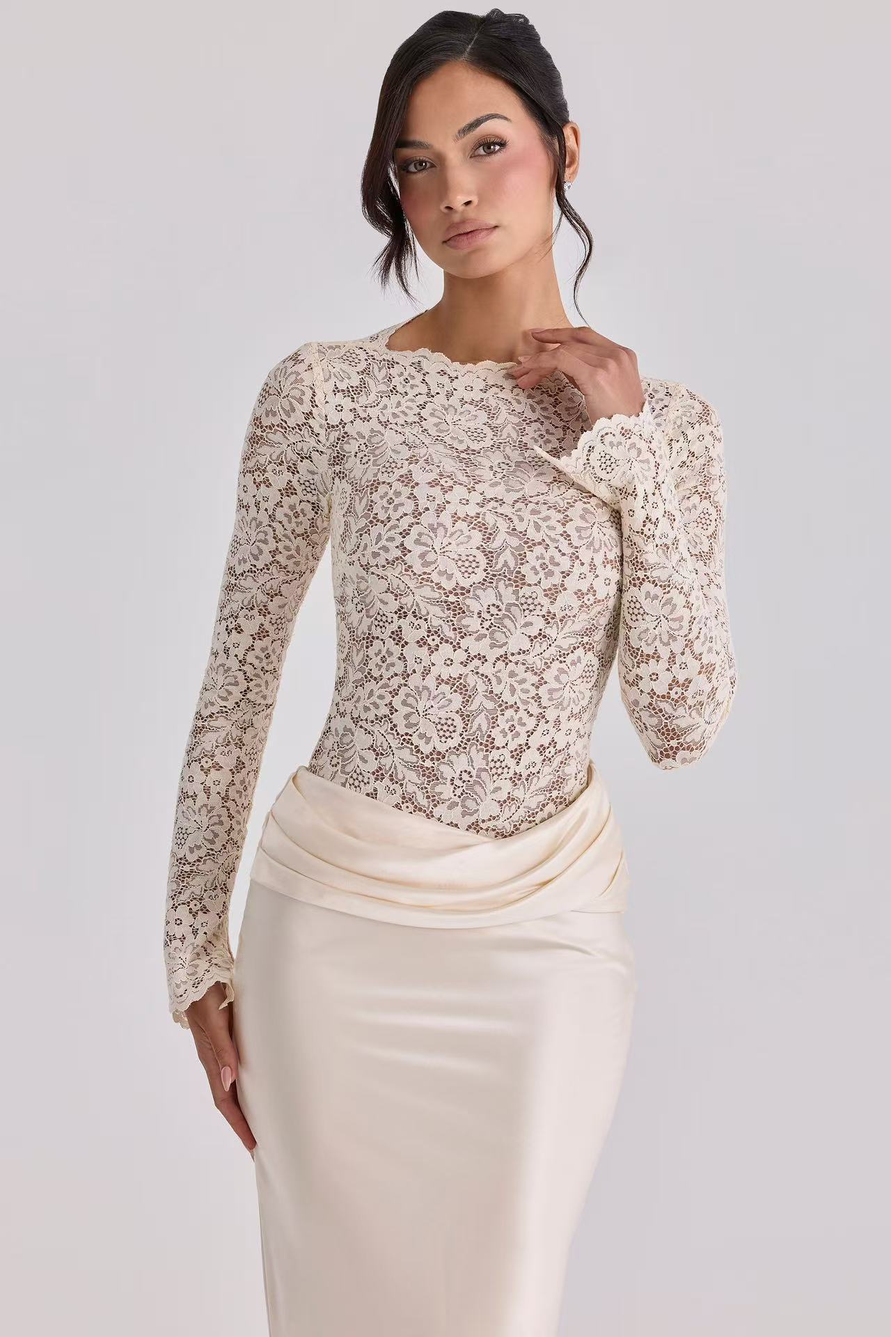 Women's Sexy Lace See Through Patchwork Bodycon Skirt Fashion Satin Pleated Fishtail Elegant_ecoleips.com