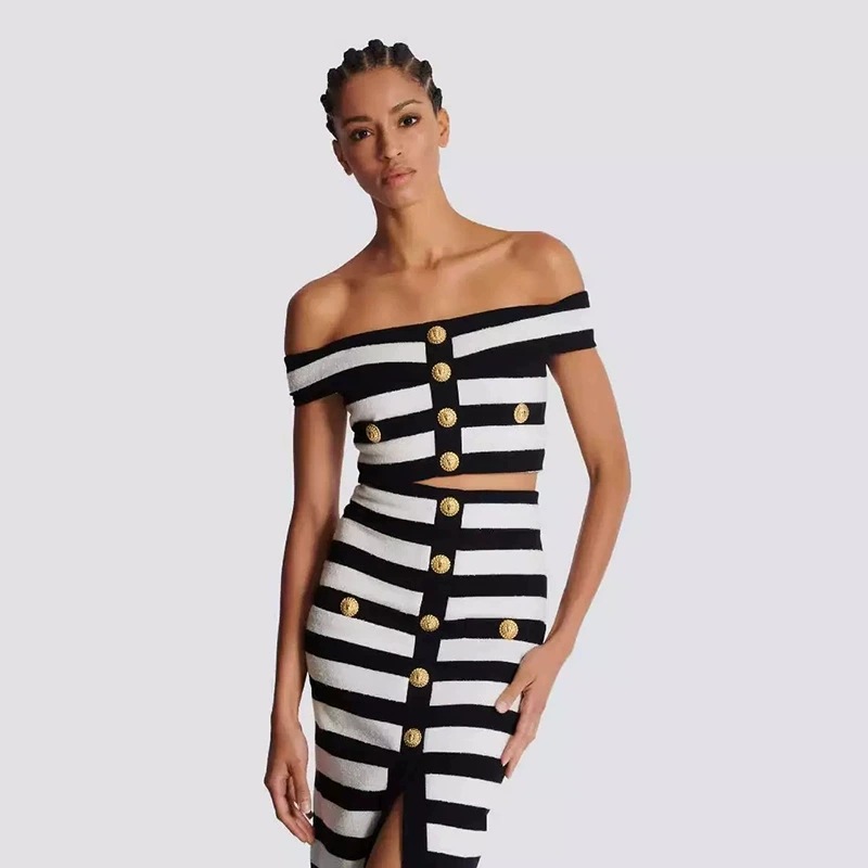 2025夏季新款名媛性感金扣黑白条纹修身显瘦抹胸女款绷带连衣裙