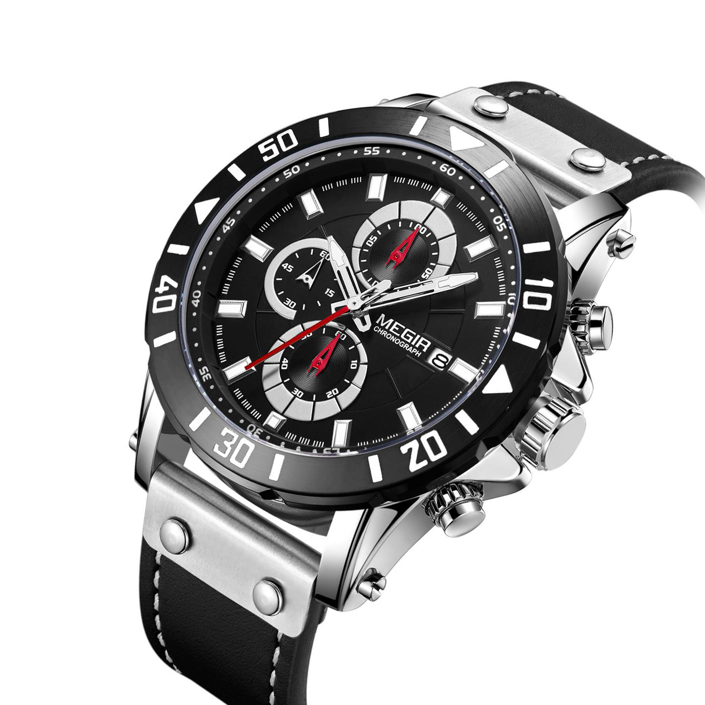 Orologio cronografo sportivo da uomo - Cinturino in vera pelle, resistente all'acqua fino a 30 m, data e lancette luminose (48 mm, quadrante nero/blu)_voghion.com