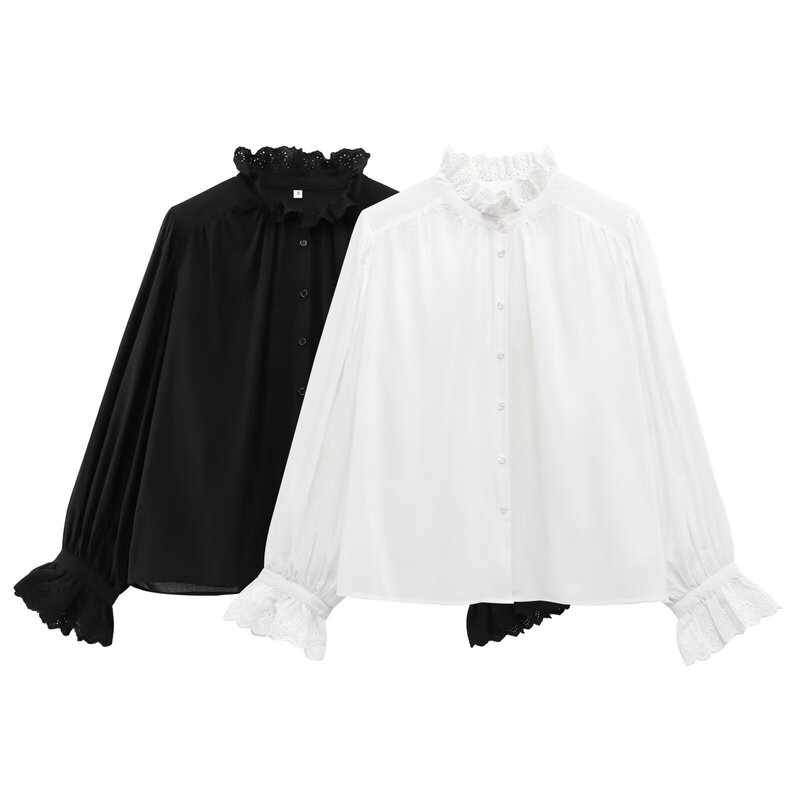 Cross-Border Wholesale 2025 Summer European and American Fashion Loose Lace Stand Collar Casual Breathable Embroidered Shirt for Women H1370