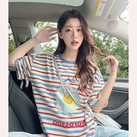 美式花边条纹短袖t恤女2026新款夏季正肩宽松小个子减龄设计上衣