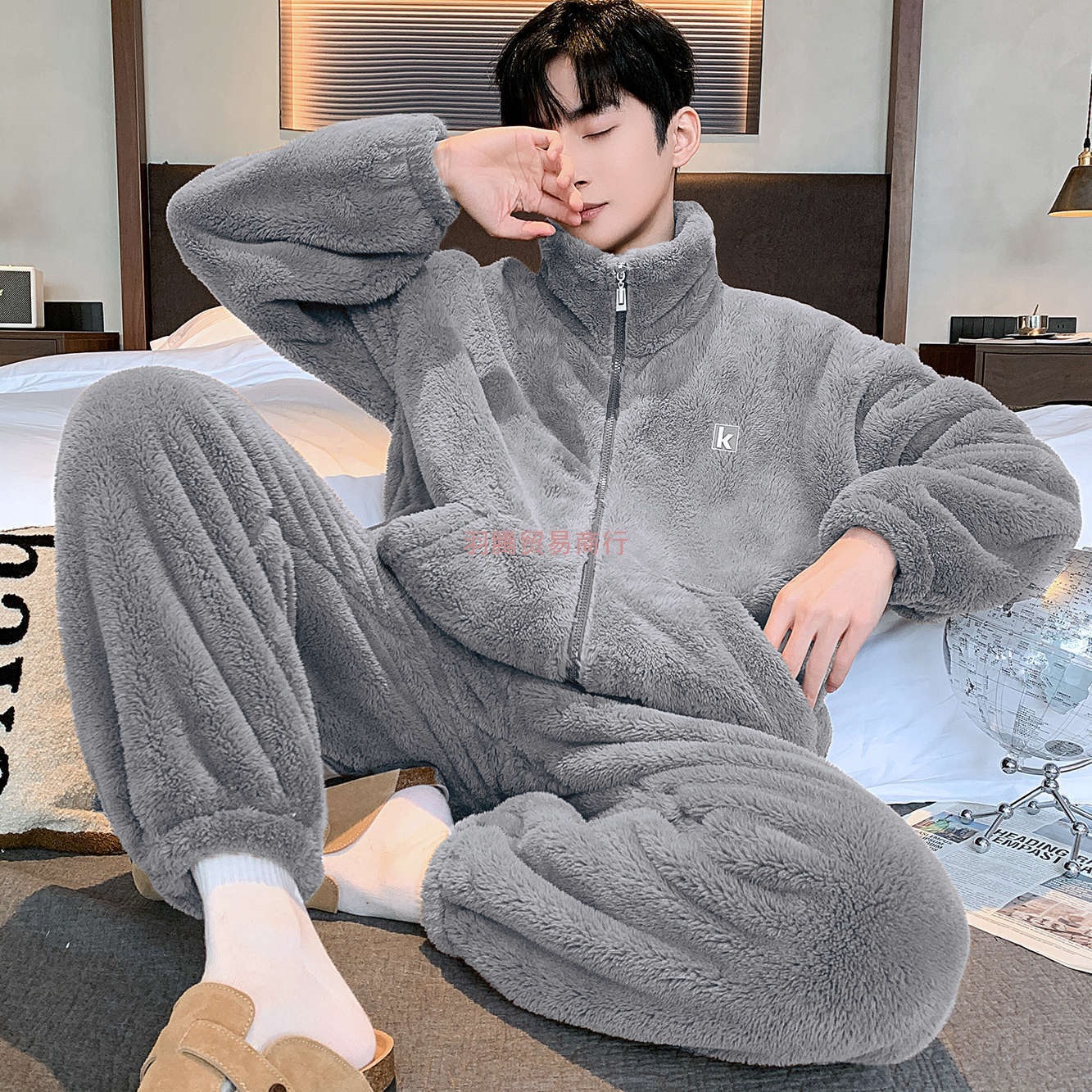 循环锁温雪花绒可外穿男宽松加绒加厚法兰绒家居服睡衣套装珊瑚绒