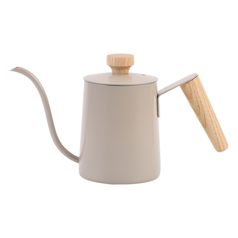 Hogar de acero inoxidable café mano olla estilo occidental boca delgada boca larga mango de madera con tapa tetera de leche colgando tetera de goteo del oído
