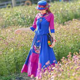 少数民族服装女装棉麻上衣跳舞裙子新款小个子广场舞套装裙两件套