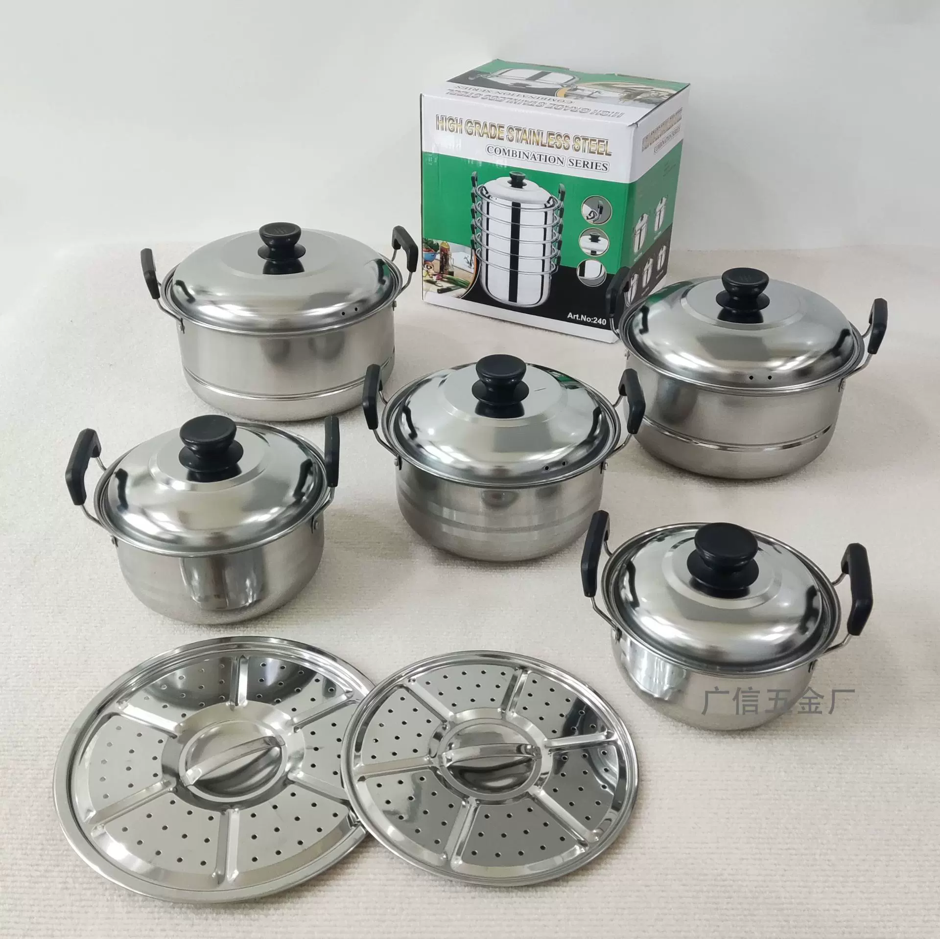 跨境货源410不锈钢美式小高锅汤锅蒸锅套装锅锅具套装出东南亚