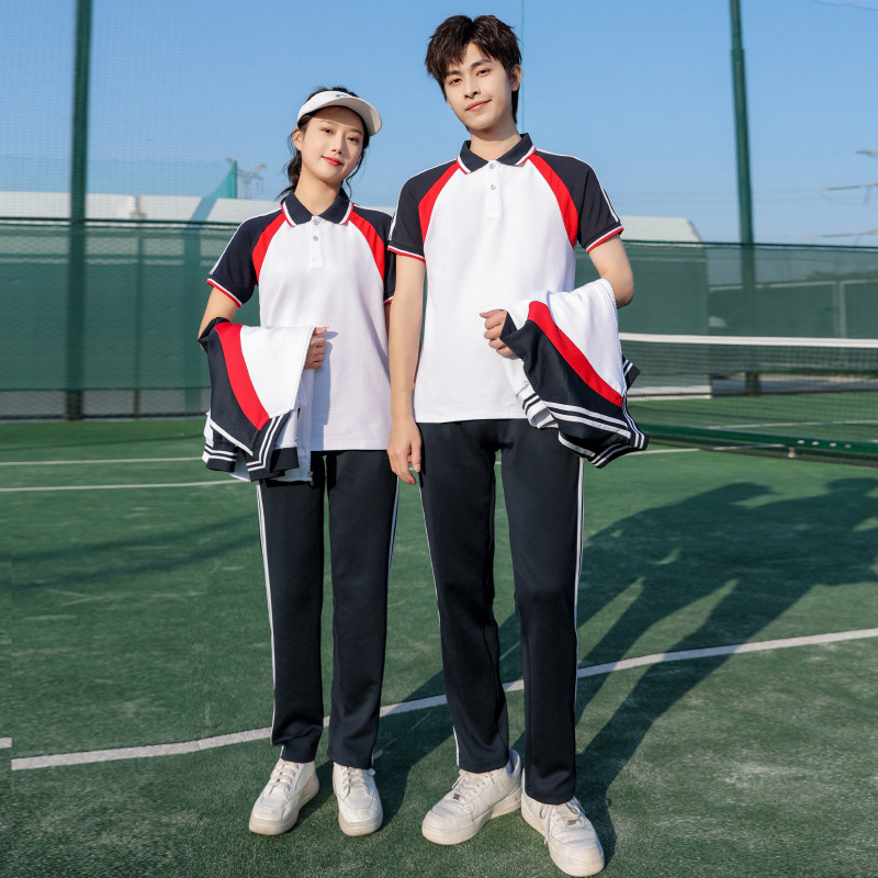 Three-piece school uniform set for middle and high school students, preppy style, suitable for spring and autumn sports meets, blue, white, and red class uniforms.