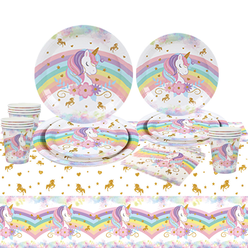 Rainbow Unicorn Theme unicorn Holiday Party Disposable Paper Tray Flag Pull Hat Tablecloth Party Decoration
