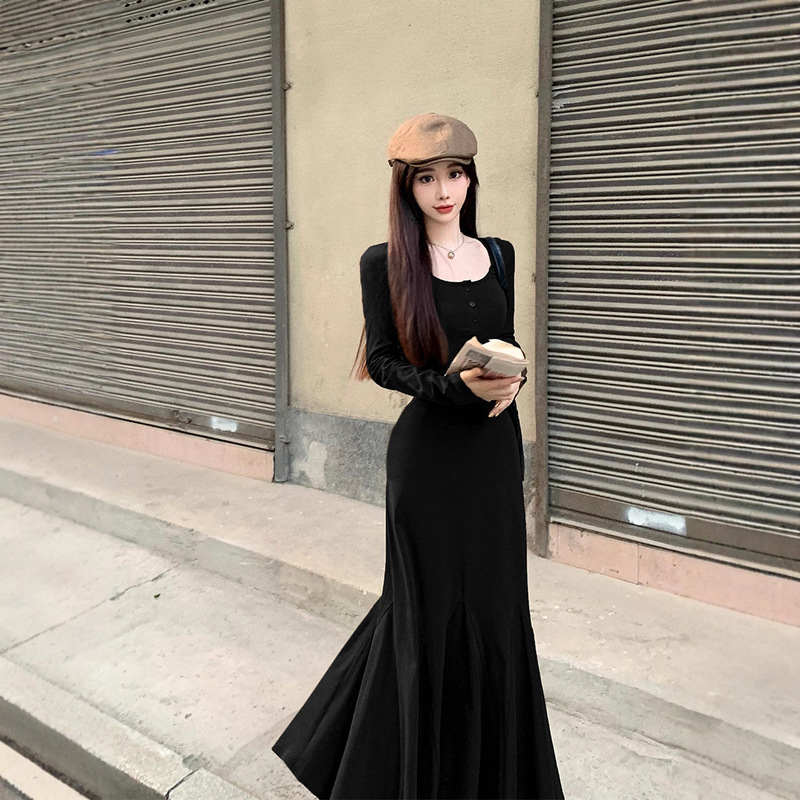 黑色美拉德长袖连衣裙女早秋巨好看琥珀流光风长袖气质包臀鱼尾裙|undefined