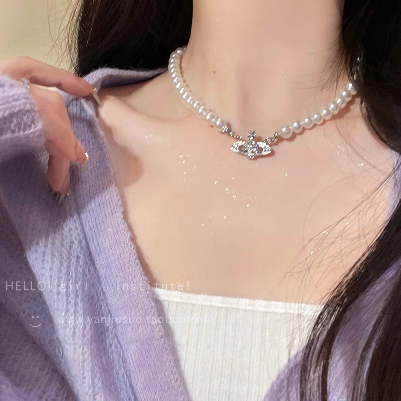 精巧な星の真珠のネックレスの女性の軽豪華な小さい大衆の土星の鎖の骨の鎖の高級感の気質のchokerの首の鎖は飾ります|undefined
