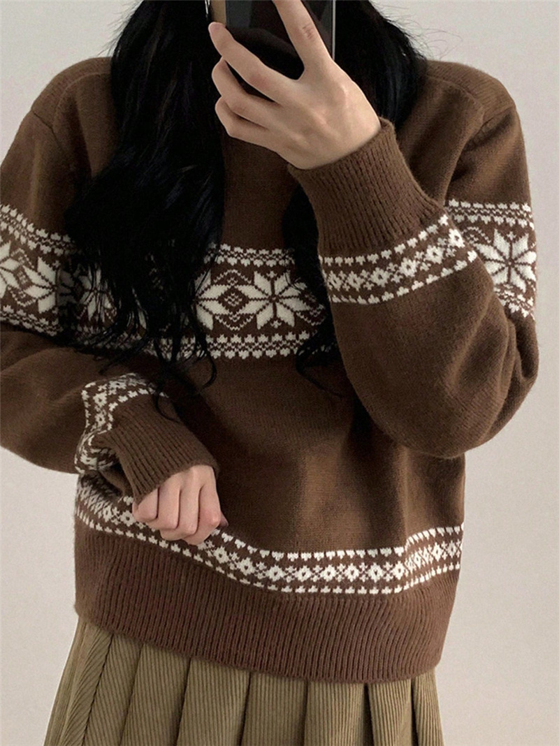 Fall Winter Simple All Match Women Contrast Color Snowflake Christmas Sweater 12 Fall Winter Simple All Match Women Contrast Color Snowflake Christmas Sweater