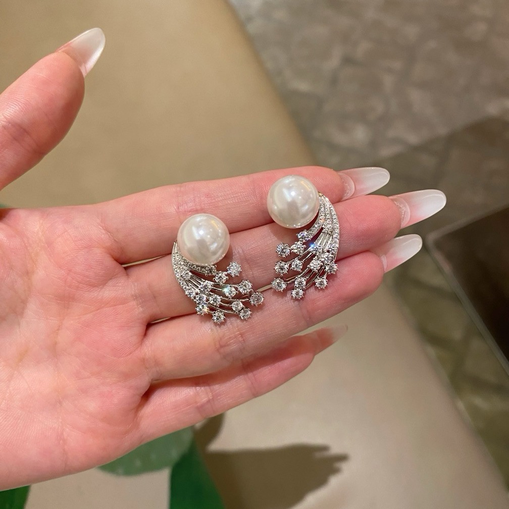 Boucles d'oreilles en argent pur avec perles et diamants en forme de météore, accessoires haut de gamme polyvalents pour femmes japonaises et coréennes_voghion.com