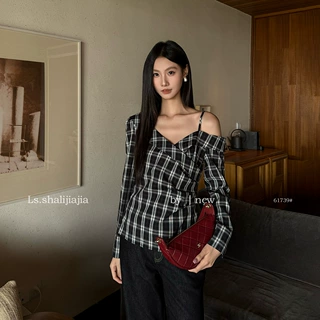 LS 复古休闲不规则格纹衬衫广州十三行2026早秋新款女装上衣61739
