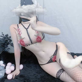 新款情趣内衣女性感睡衣透明镂空玫瑰文胸内裤刺绣三点内衣两件套