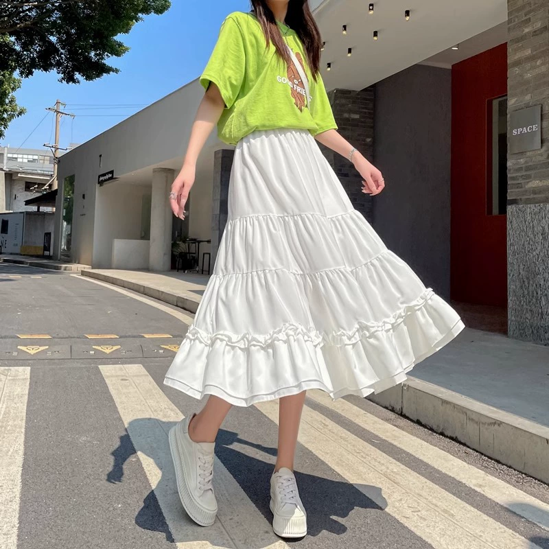 [夏季2024新款拼接白色荷叶边百搭遮跨有内衬半身裙女]