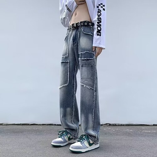 Vibe American streetwear pants, trendy brand, cool and stylish, hitting the streets, retro vintage, frayed edge, patchwork, workwear jeans