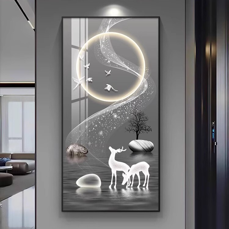 招财九鱼图入户玄关装饰画客厅走廊过道挂画新款大气麋鹿竖版壁画|undefined