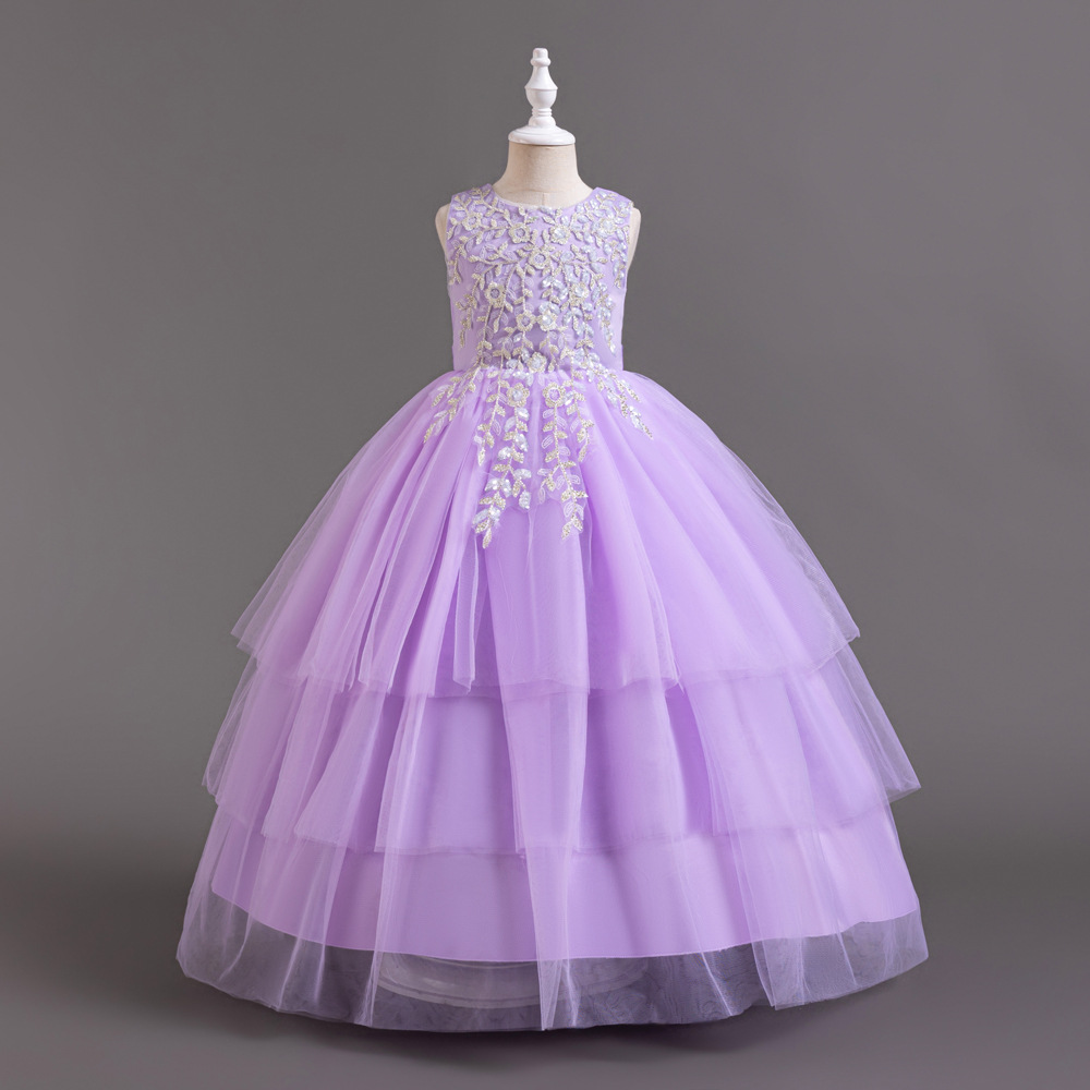 Dress for overseas girls' foreign trade, junior size, sleeveless, hand-embroidered wedding dress, flower child performance princess dress, floor-length.