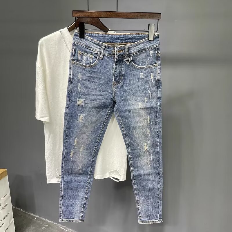 Men's Cropped Ripped Jeans 2024 New Autumn and Summer Trendy Brand Washed American Retro Blue Slim Fit Skinny 9