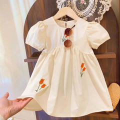 Korean version of children's clothing version of girls' flower embroidered puff short-sleeved irregular waist style princess dress 2024 summer fashion trend