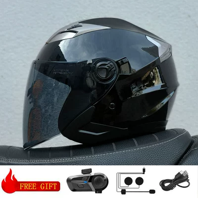 Cross-Border Supply 3/4 Helmet | Motosiklet kaskı (dəbilqə) - bright-black-brown-lenses-with-bluetooth-m57-58