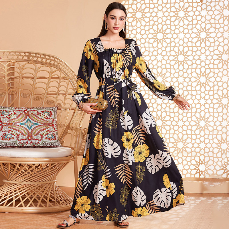 Dds23062 Moroccan Long-Sleeved Dress with Fashionable Belt, Sun Dress, Party Robe, Ready for Wholesale