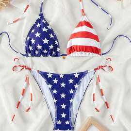 2025新款亚马逊大码泳衣撞色数码印花高腰女式分体bikini比基尼