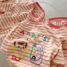 波拉韩国童装女孩短袖2024夏装女童条纹t恤儿童洋气上衣中大童T恤