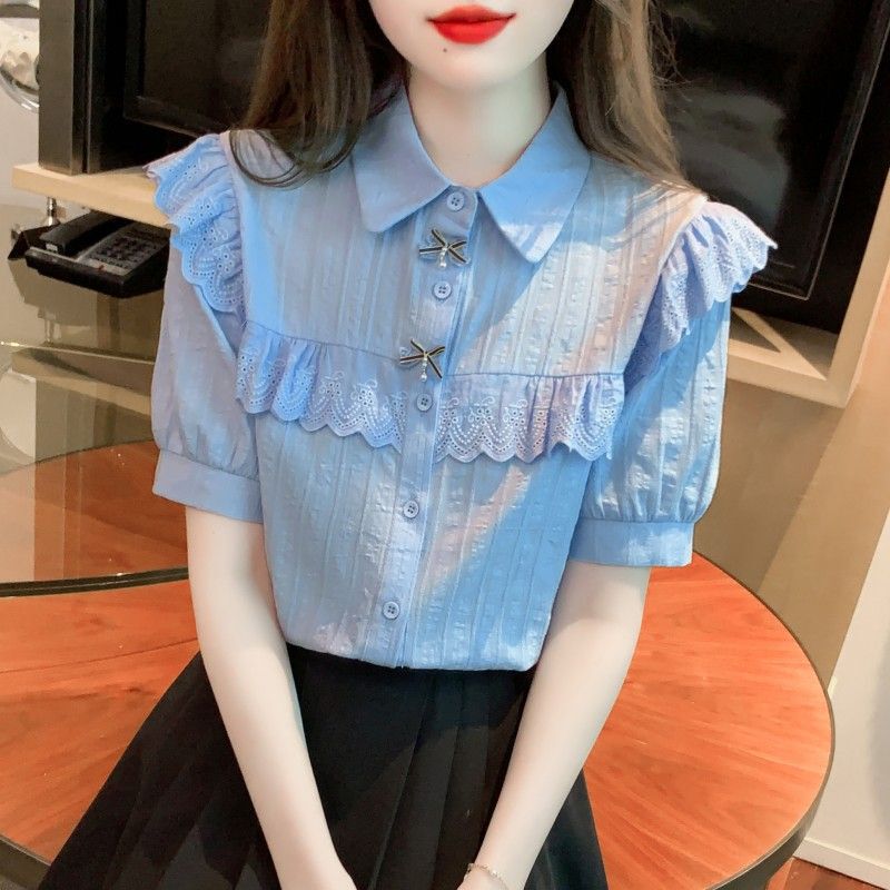 Summer 2026 New Women's Shirt Pure Cotton Shirt Stylish All-Cotton Design Niche Short-Sleeve Lace Top