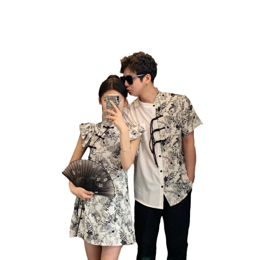 하이 엔드 여름 국가 패션 개선 된 청삼 세트 여성의 새로운 중국 잉크 국가 스타일 버클 탑 반바지 투피스 세트