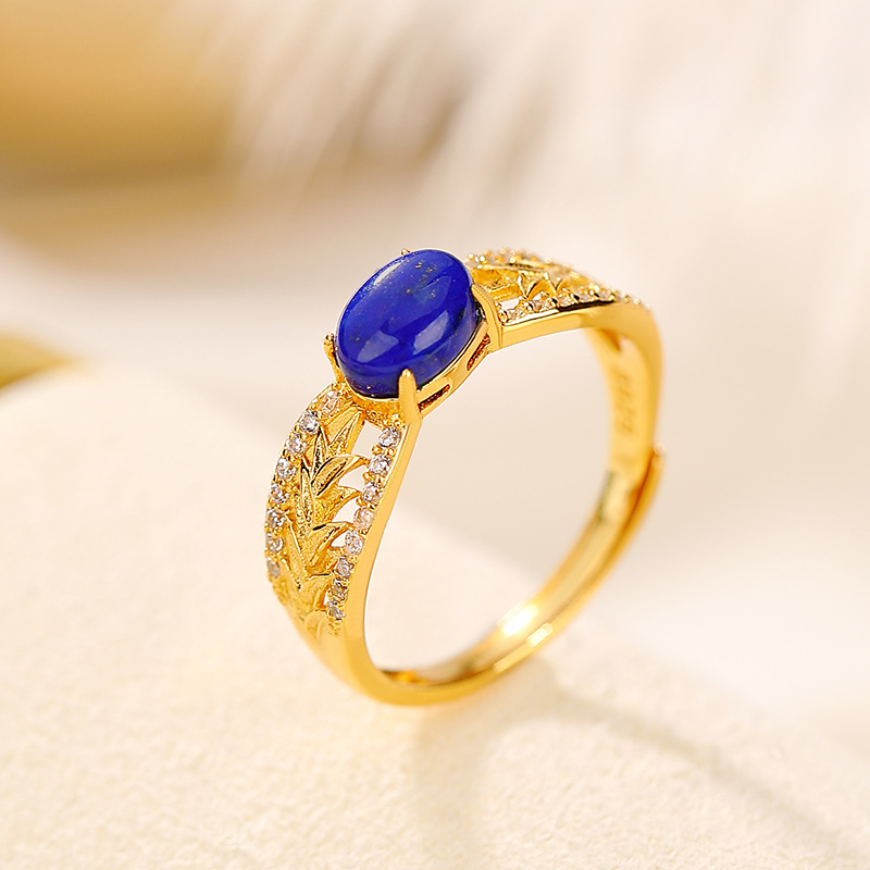 Nhẫn nữ bạc S925 mạ vàng đính đá Lapis Lazuli và Zircon phong cách cổ điển — Mở (một kích thước)